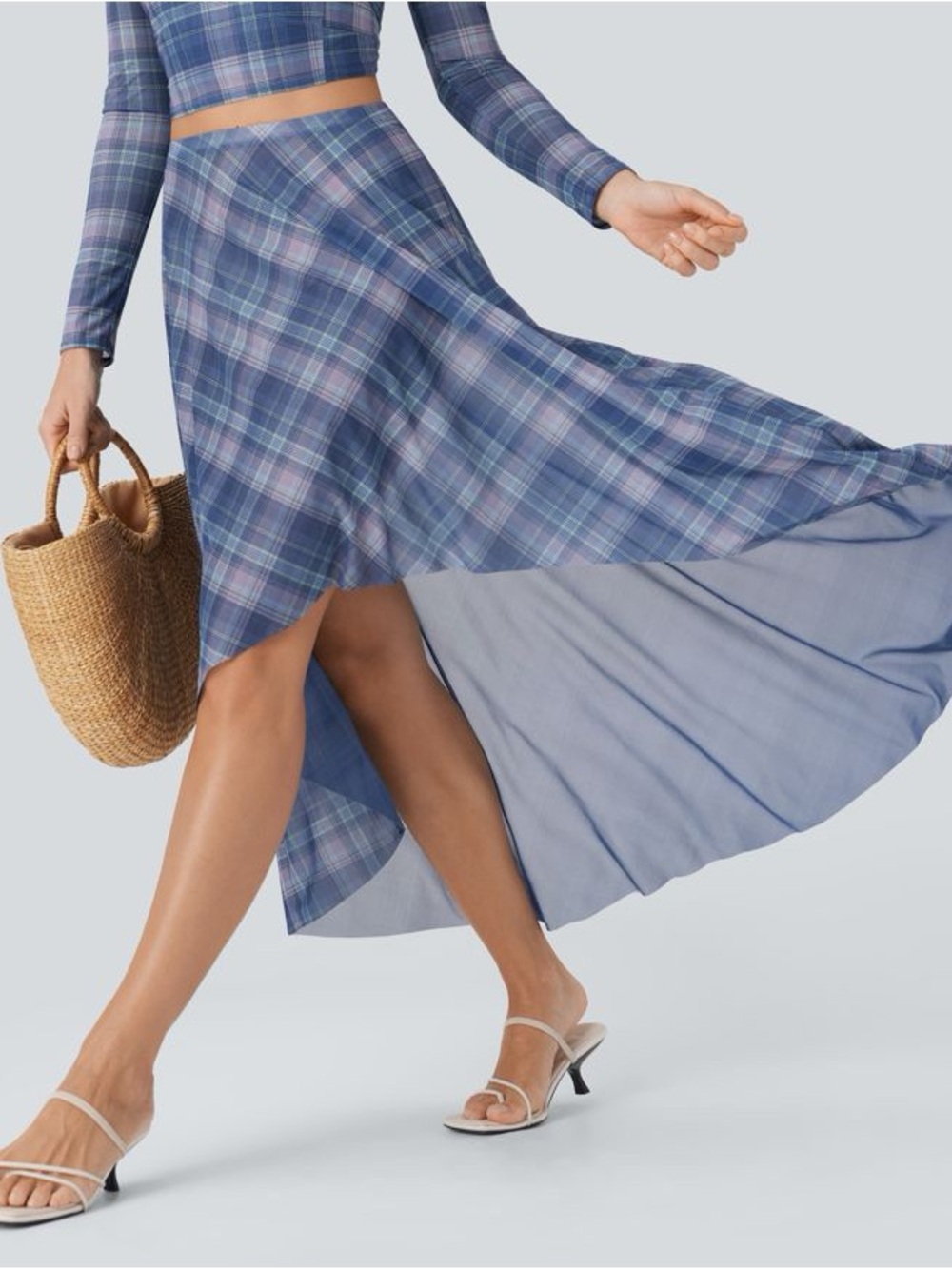 Halara Sheer Mesh High-Waisted High-Low Plaid Maxi Flowy Skirt large